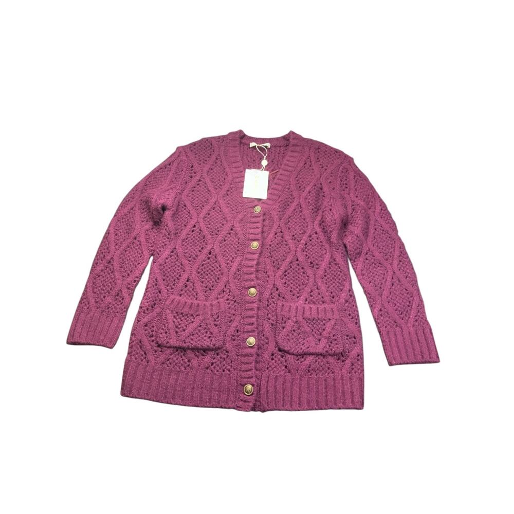 WAYF Cardigan Sweater Small Burgundy Button Front Diamond Knit NWT Cozy Boho